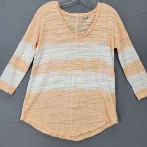 Mudd Orange White Striped Shirt Sheer Knit 3/4 Sleeves Scoop Neck Womens Size XS